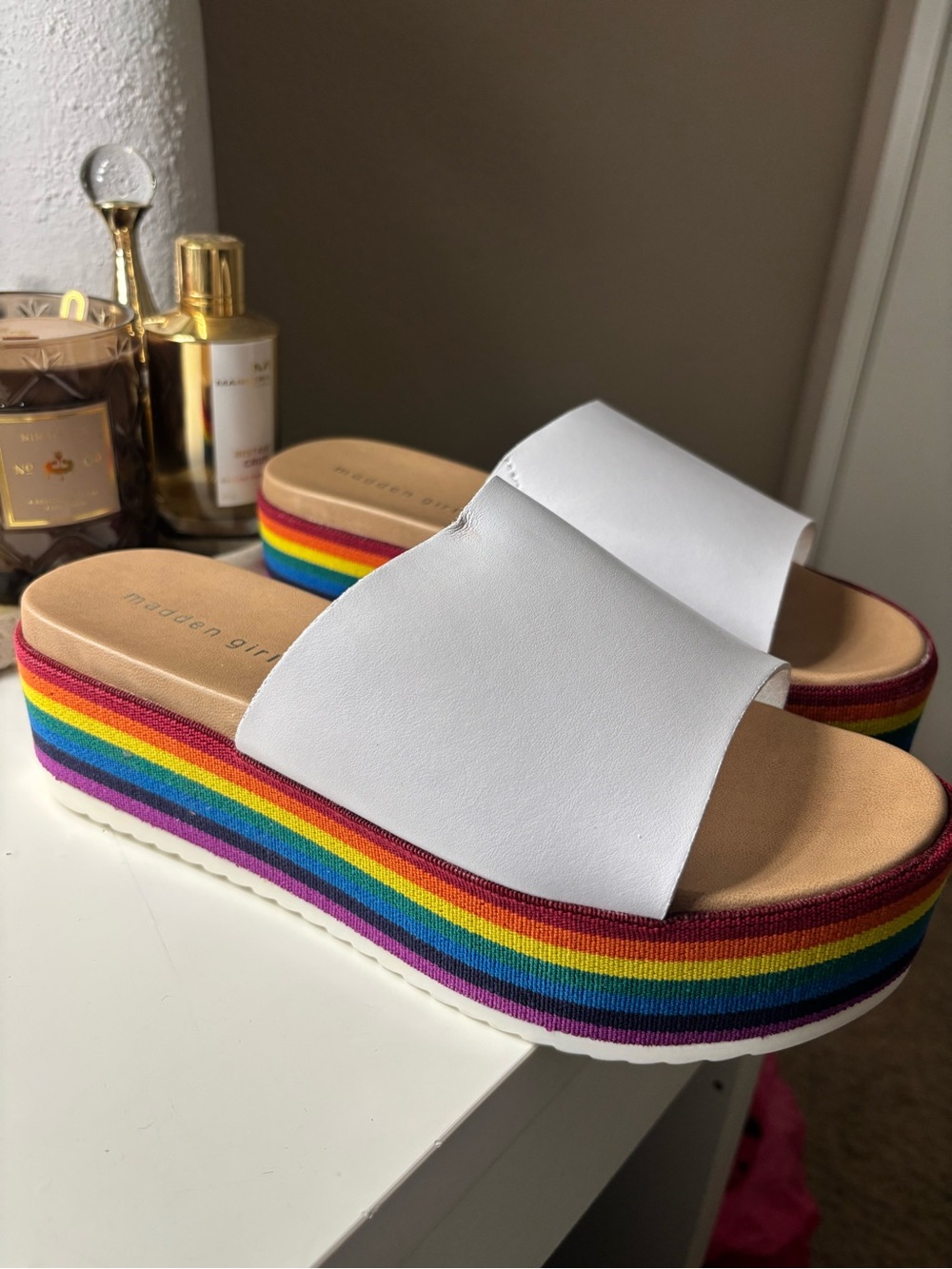 MaddenGirl White Platform Slide Sandals with Rainbow Stripe Sole